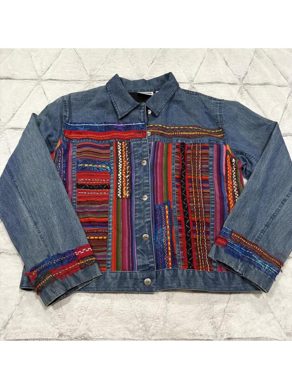 Chico's Design Colorful Striped Denim Jacket Women Size L 2 Cotton Blend